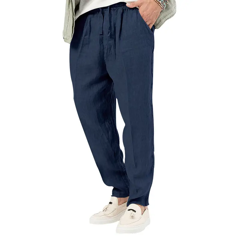 Men's White Drawstring Cotton Linen Trouser Large — feature 10