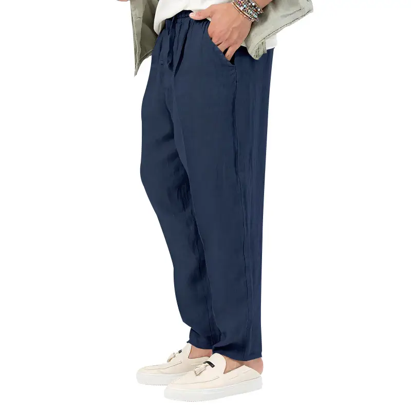 Men's White Drawstring Cotton Linen Trouser Large — feature 11