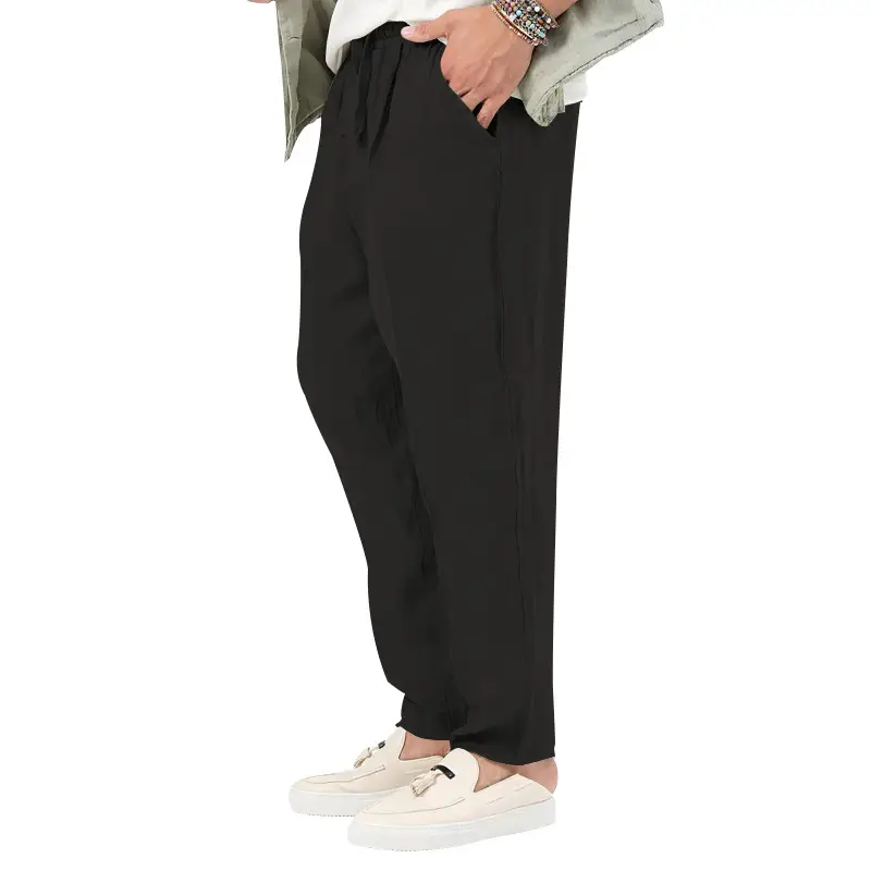 Men's White Drawstring Cotton Linen Trouser Large — feature 14
