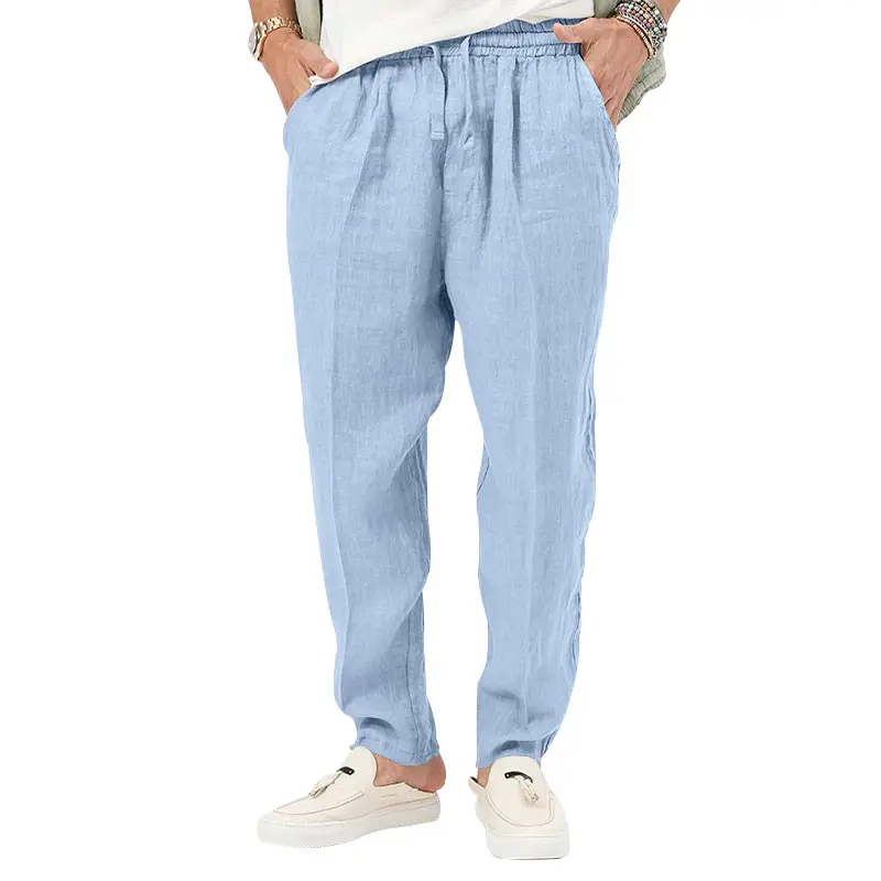 Men's White Drawstring Cotton Linen Trouser Large — feature 15