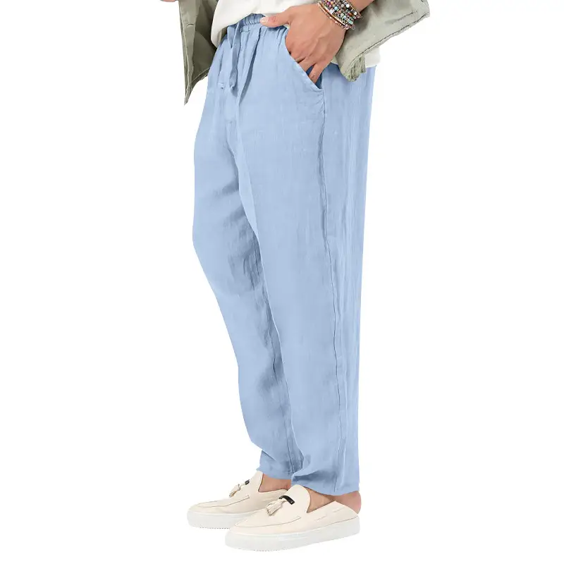 Men's White Drawstring Cotton Linen Trouser Large — feature 17
