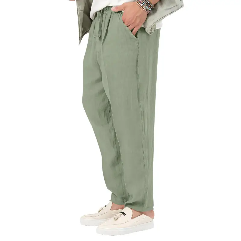 Men's White Drawstring Cotton Linen Trouser Large — feature 20