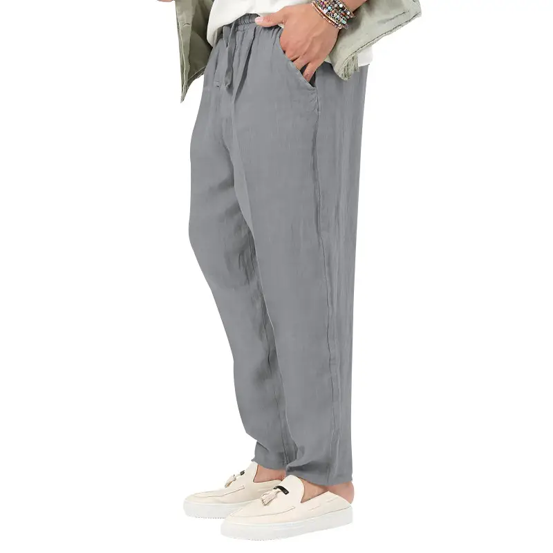 Men's White Drawstring Cotton Linen Trouser Large — feature 26