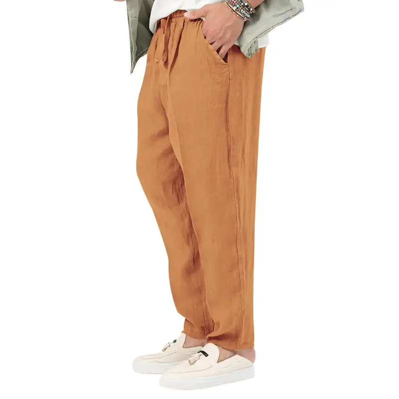 Men's White Drawstring Cotton Linen Trouser Large — feature 28