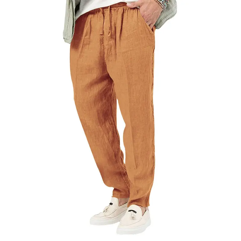 Men's White Drawstring Cotton Linen Trouser Large — feature 29