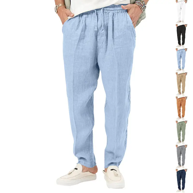 Men's White Drawstring Cotton Linen Trouser Large — feature 4