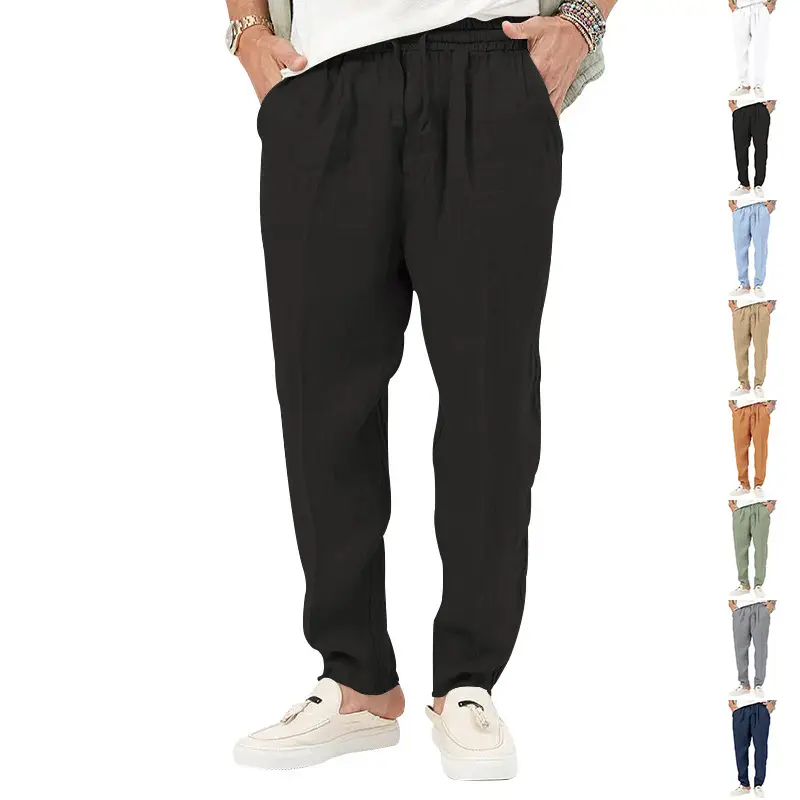 Men's White Drawstring Cotton Linen Trouser Large — feature 5