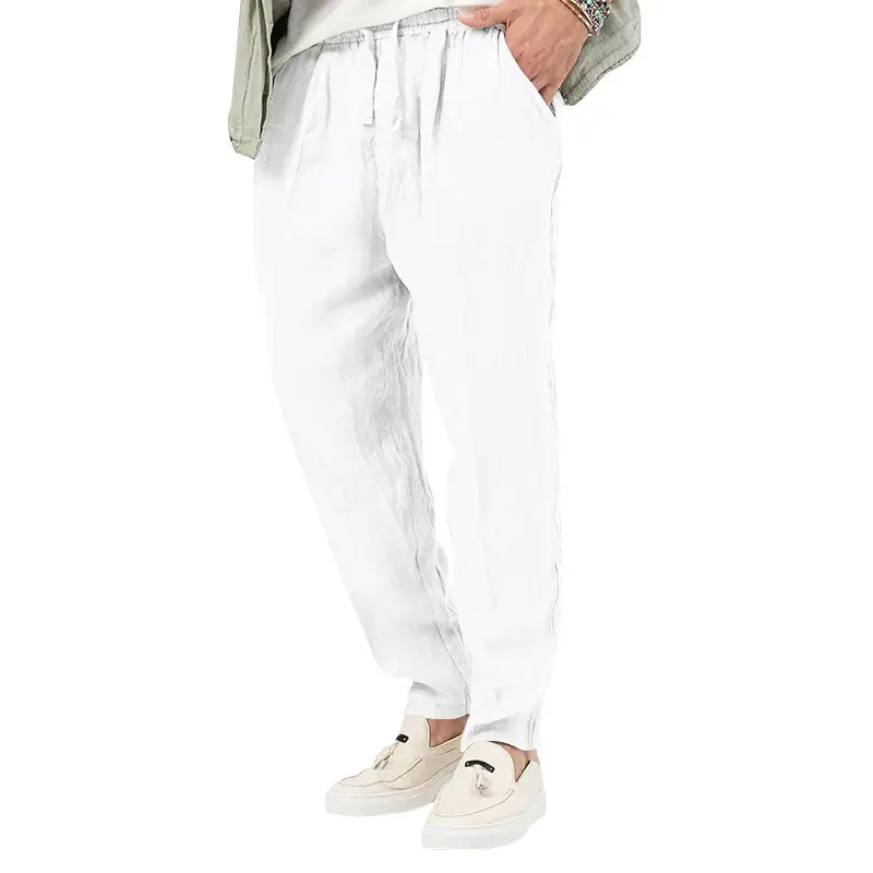 Men's White Drawstring Cotton Linen Trouser Large — feature 7