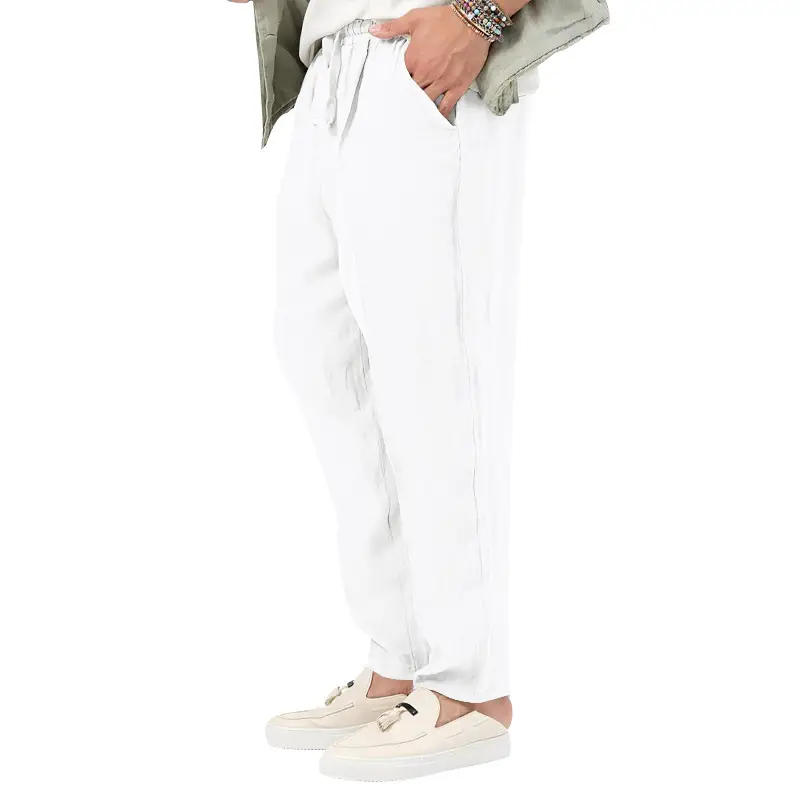 Men's White Drawstring Cotton Linen Trouser Large — feature 8