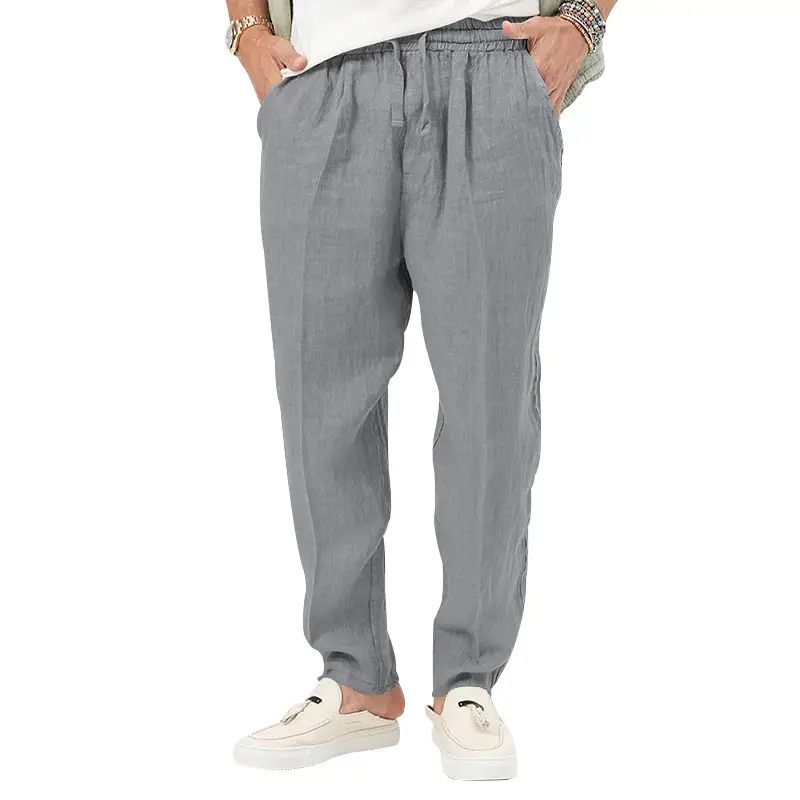 Men's White Drawstring Cotton Linen Trouser Large - Image 7