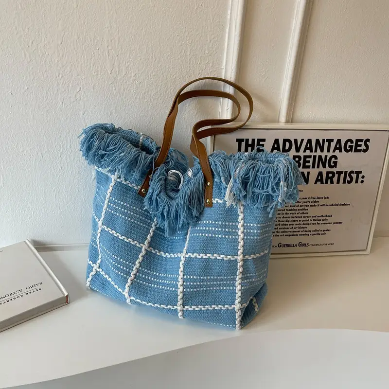 Blue Tassel Wool Shoulder Bag Large Capacity - Image 6