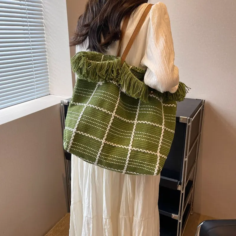 Blue Tassel Wool Shoulder Bag Large Capacity - Image 8