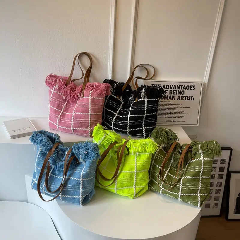 Blue Tassel Wool Shoulder Bag Large Capacity - Image 9