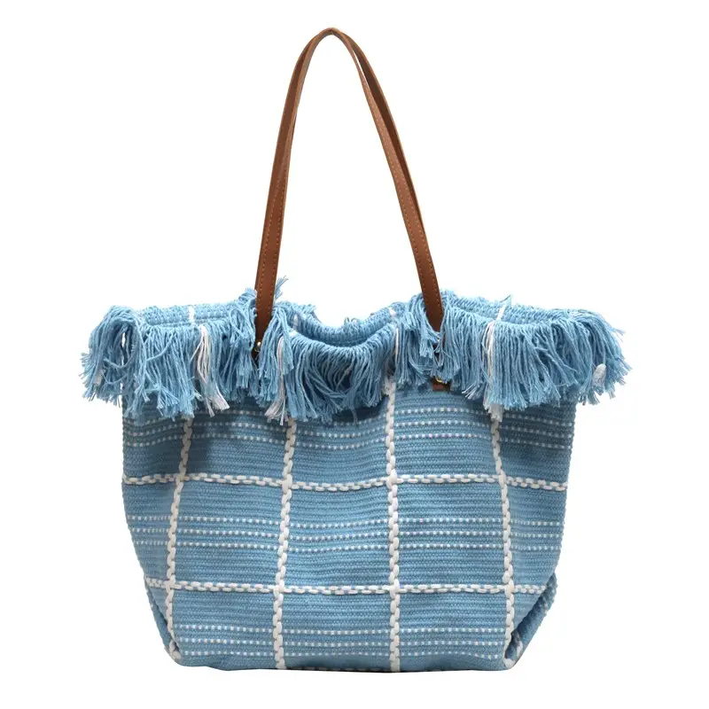Blue Tassel Wool Shoulder Bag Large Capacity - Image 10