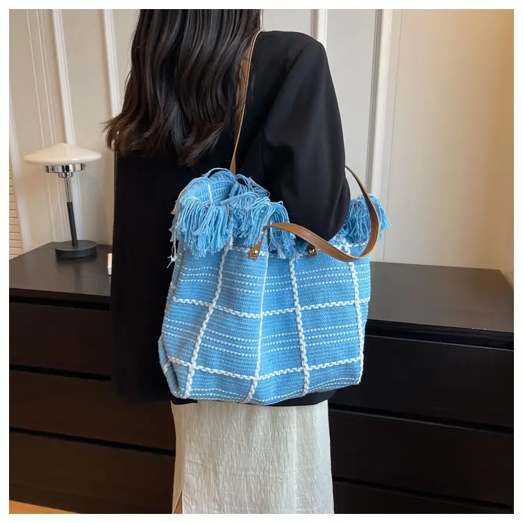 Blue Tassel Wool Shoulder Bag Large Capacity — feature 11
