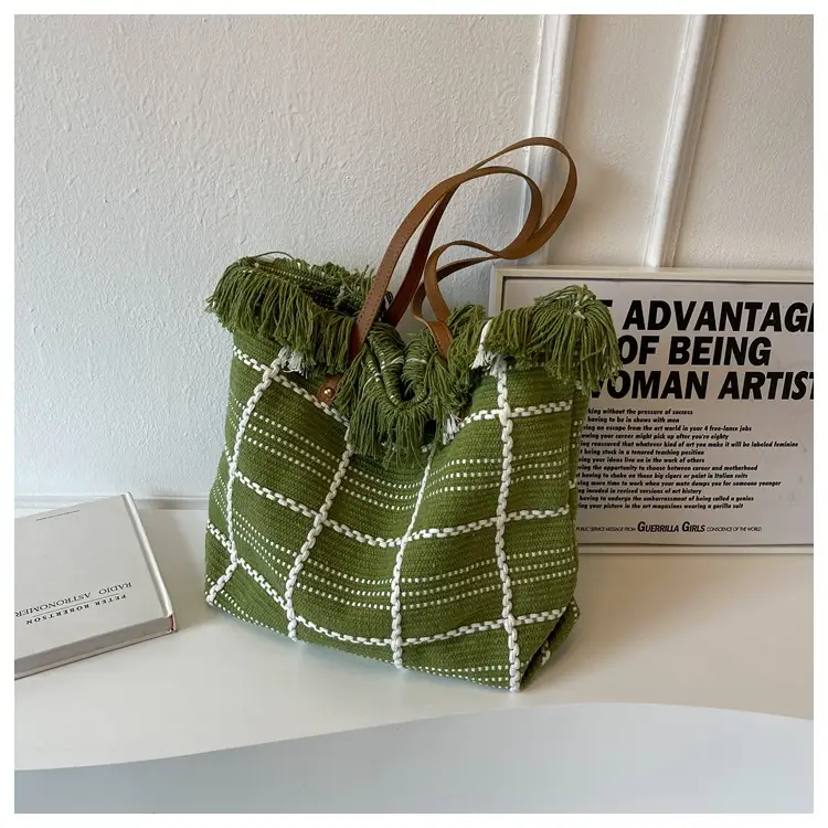 Blue Tassel Wool Shoulder Bag Large Capacity - Image 2