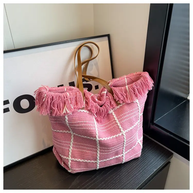Blue Tassel Wool Shoulder Bag Large Capacity - Image 4