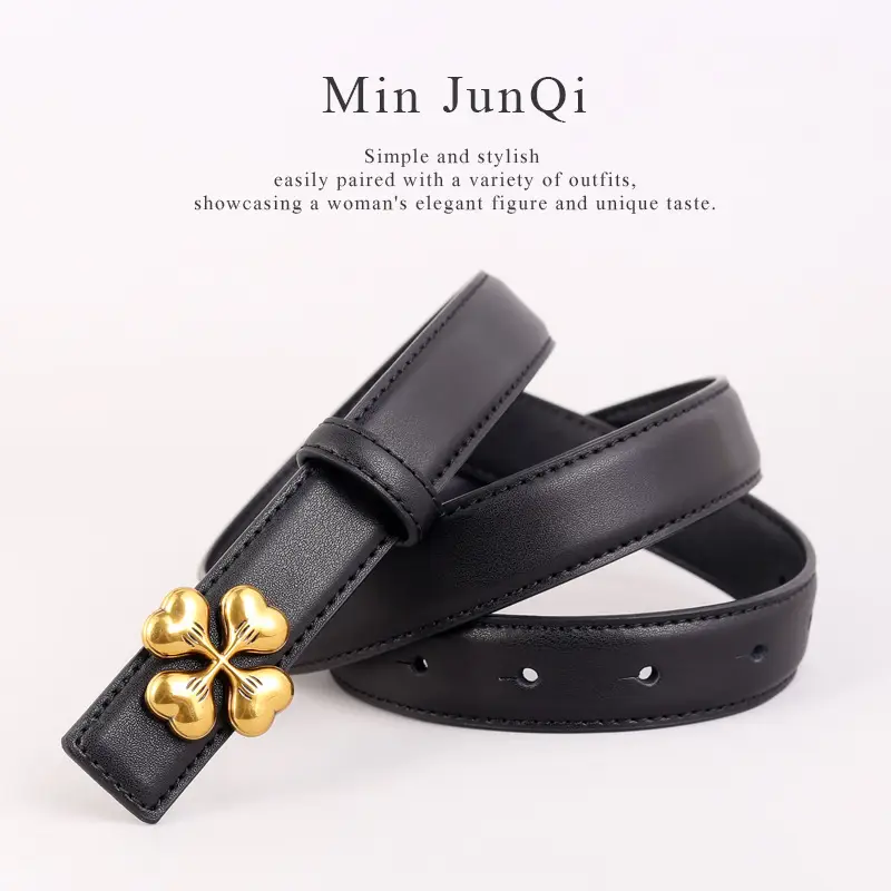 Women's Brown Leather Belt with Gold Floral Buckle - Image 10