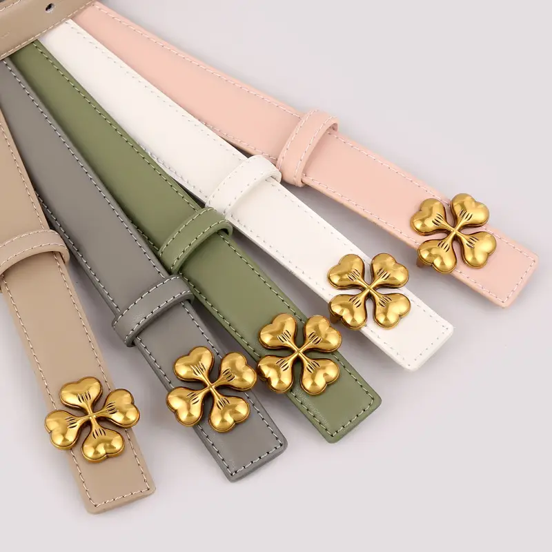 Women's Brown Leather Belt with Gold Floral Buckle - Image 11
