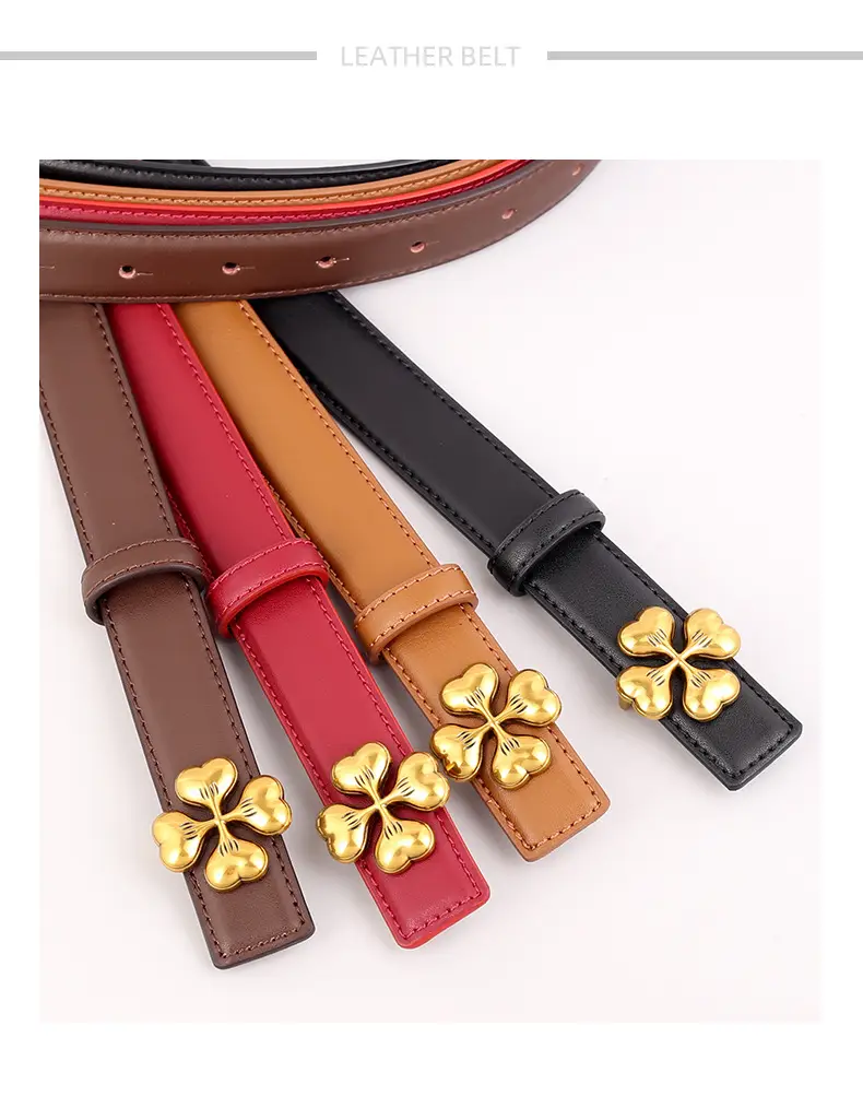 Women's Brown Leather Belt with Gold Floral Buckle — feature 24