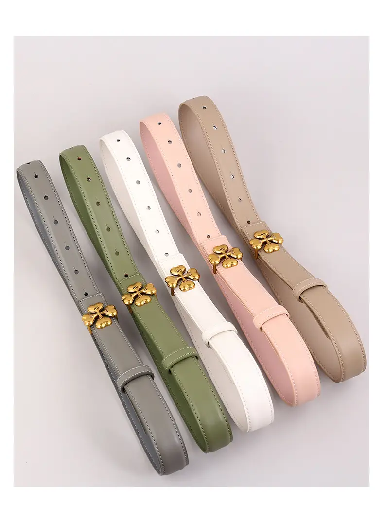 Women's Brown Leather Belt with Gold Floral Buckle — feature 27