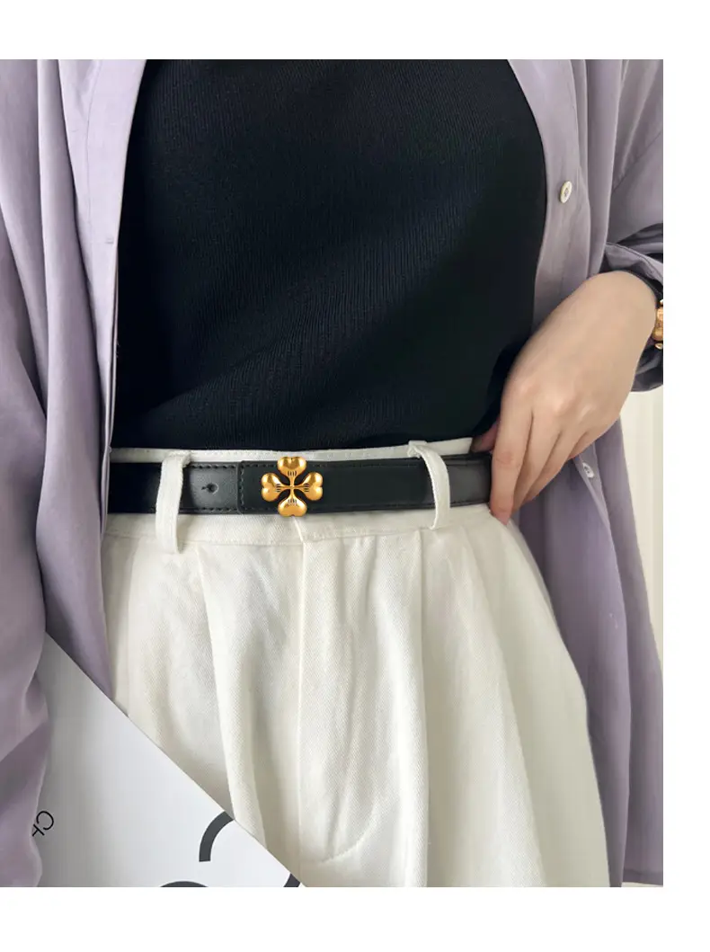 Women's Brown Leather Belt with Gold Floral Buckle — feature 29