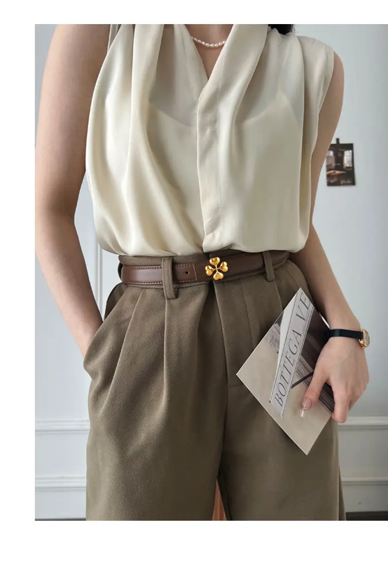 Women's Brown Leather Belt with Gold Floral Buckle — feature 30