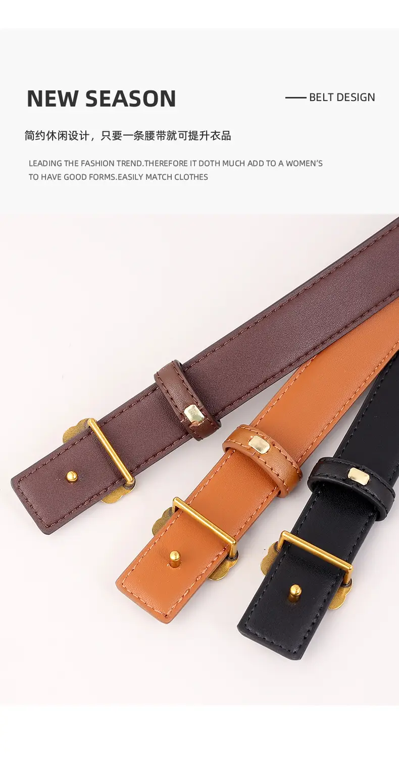 Women's Brown Leather Belt with Gold Floral Buckle — feature 31
