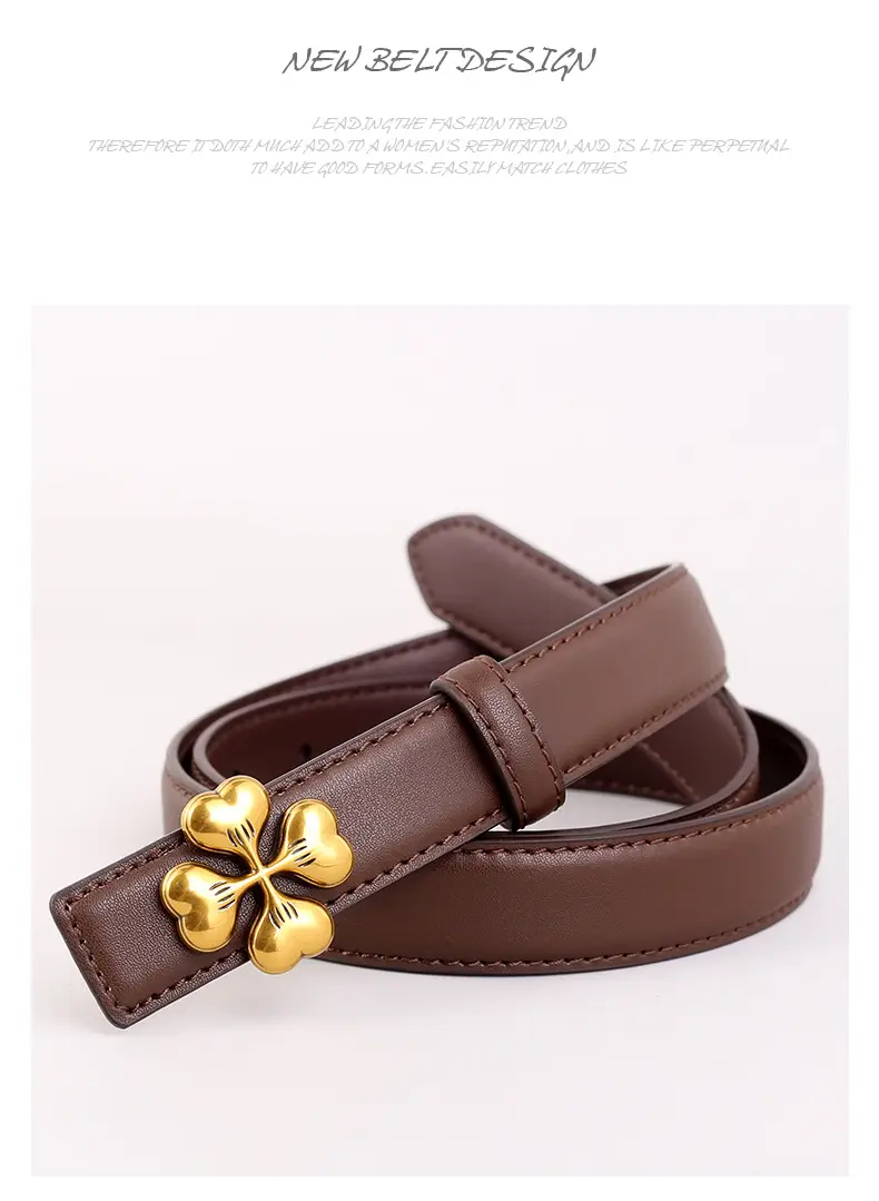 Women's Brown Leather Belt with Gold Floral Buckle — feature 37