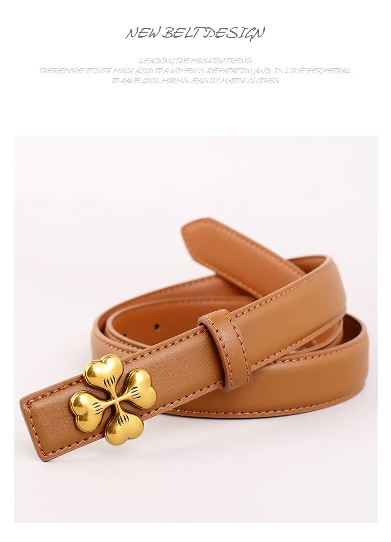 Women's Brown Leather Belt with Gold Floral Buckle — feature 38