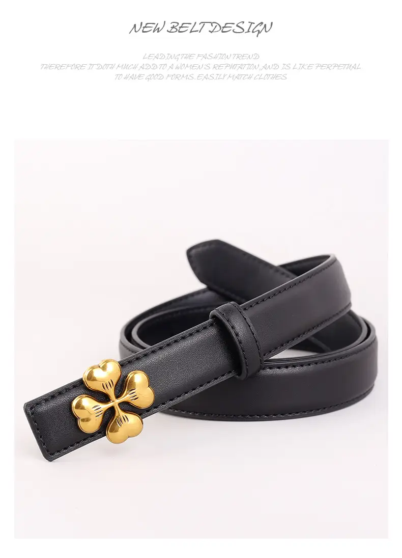 Women's Brown Leather Belt with Gold Floral Buckle — feature 39