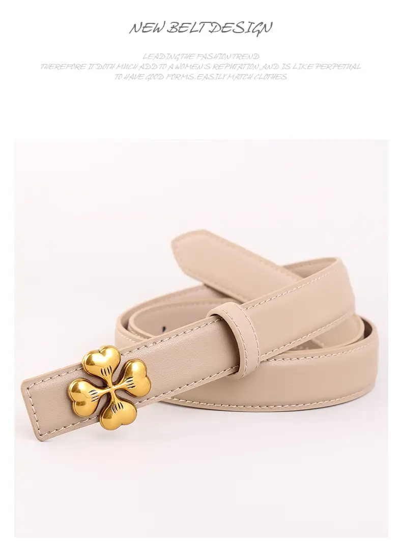Women's Brown Leather Belt with Gold Floral Buckle — feature 43
