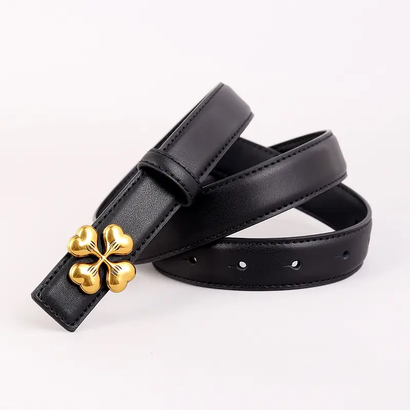 Women's Brown Leather Belt with Gold Floral Buckle