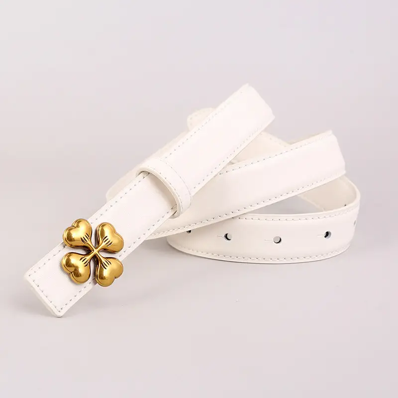Women's Brown Leather Belt with Gold Floral Buckle - Image 2