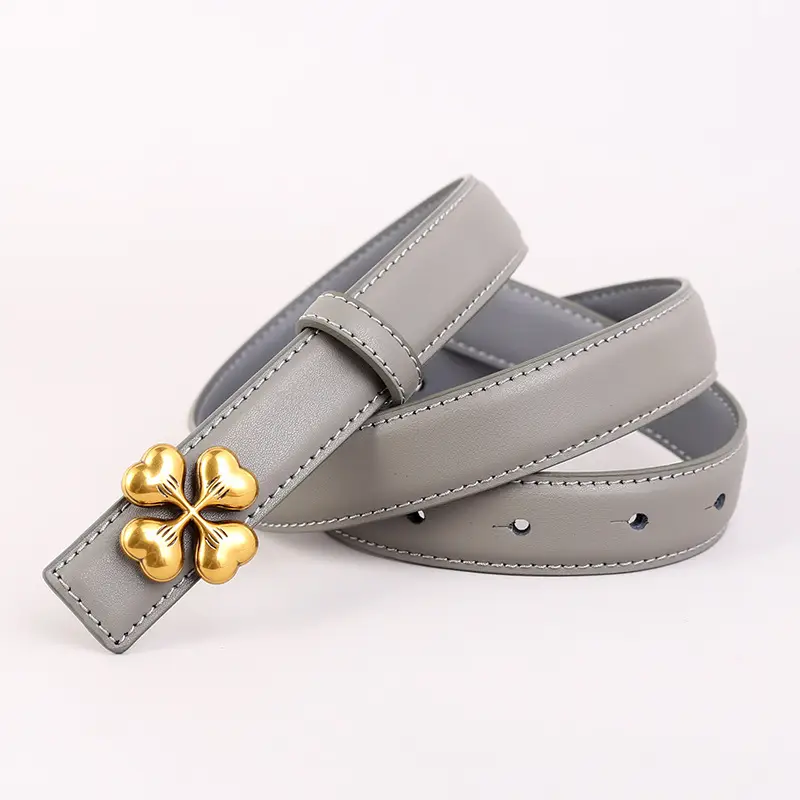 Women's Brown Leather Belt with Gold Floral Buckle - Image 3