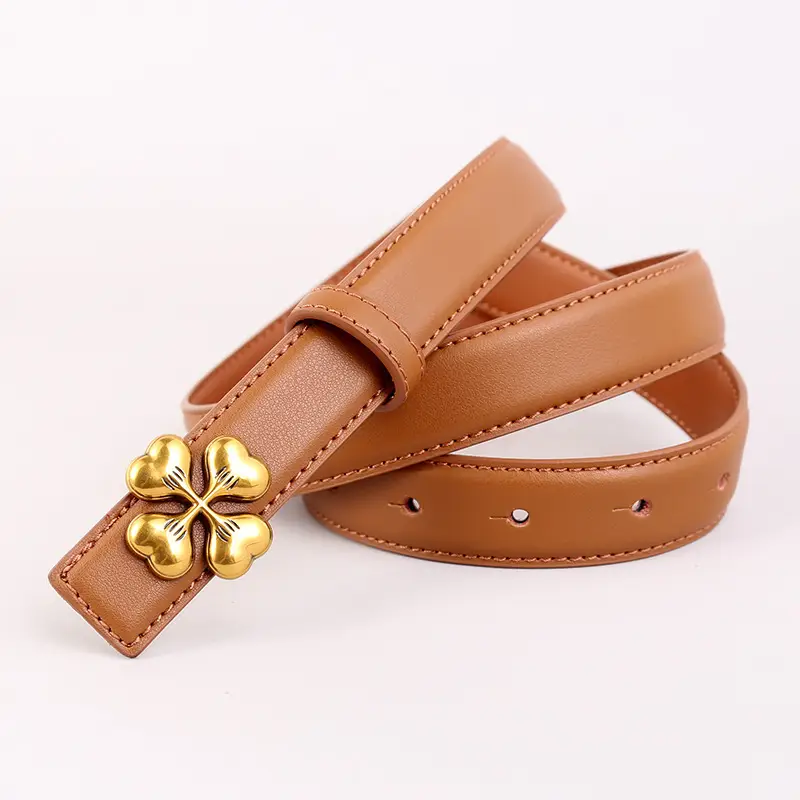 Women's Brown Leather Belt with Gold Floral Buckle - Image 5