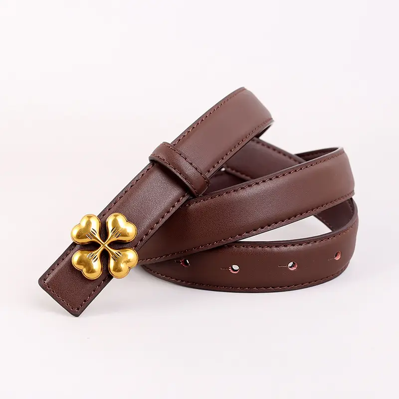 Women's Brown Leather Belt with Gold Floral Buckle - Image 6