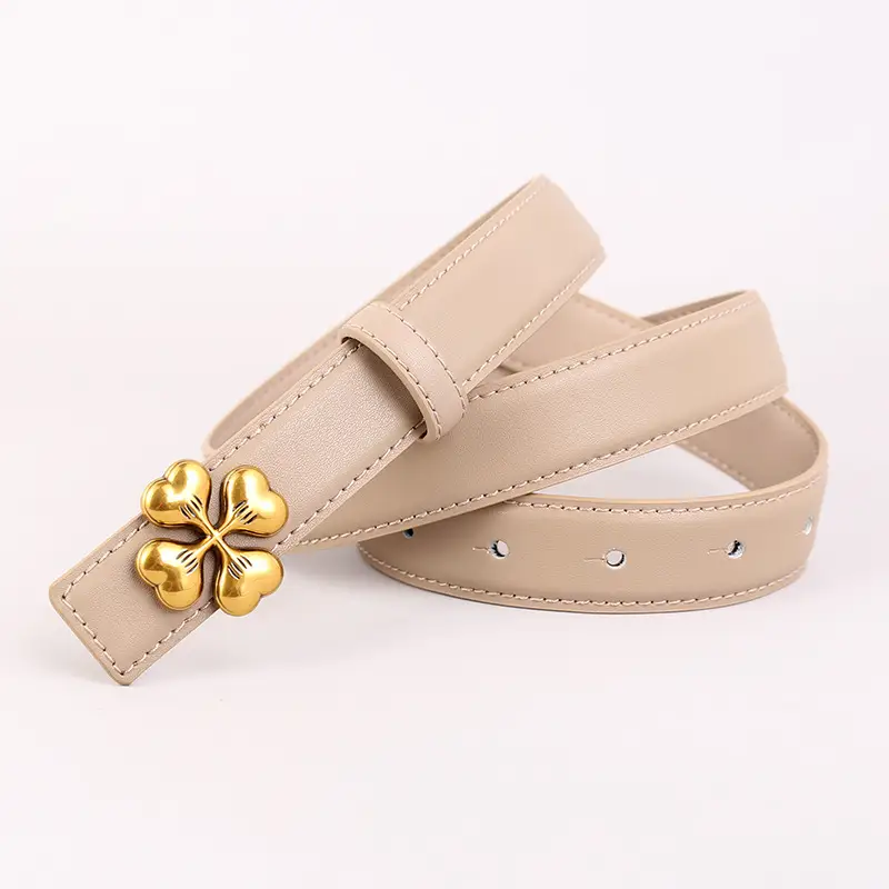 Women's Brown Leather Belt with Gold Floral Buckle - Image 8