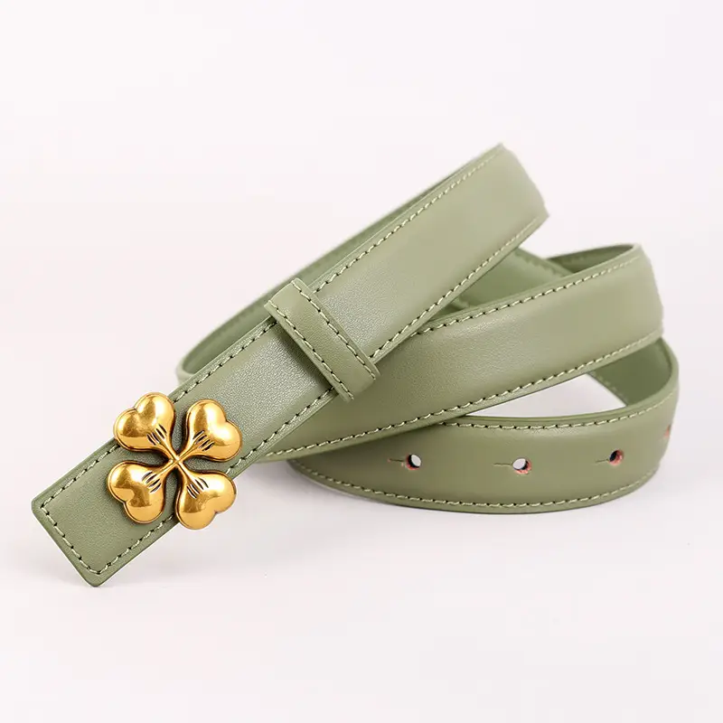 Women's Brown Leather Belt with Gold Floral Buckle - Image 9