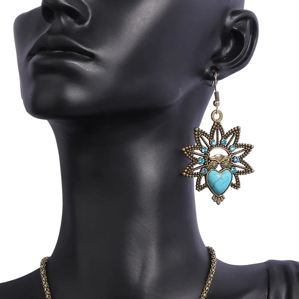 Vintage Owl Pendant Necklace with Turquoise Earrings Set for Women - Image 5