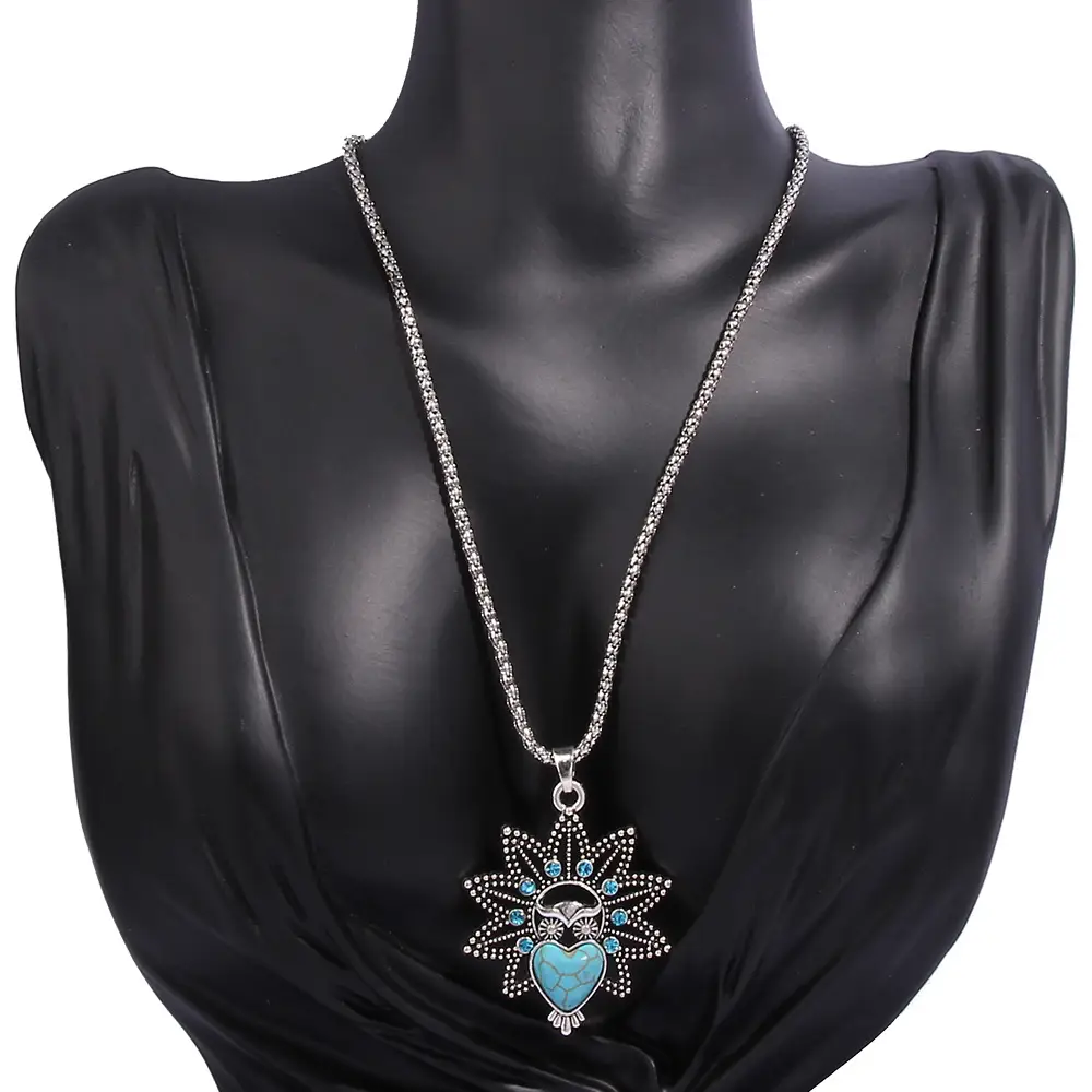 Vintage Owl Pendant Necklace with Turquoise Earrings Set for Women - Image 7