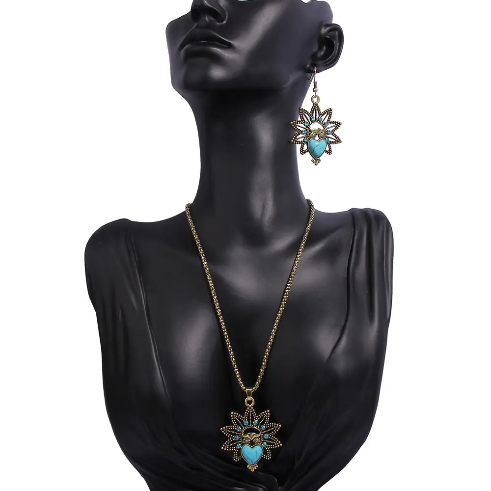 Vintage Owl Pendant Necklace with Turquoise Earrings Set for Women - Image 8