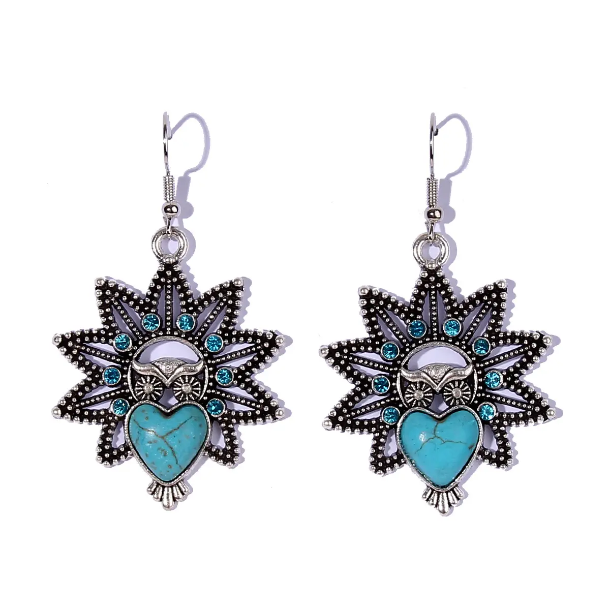 Vintage Owl Pendant Necklace with Turquoise Earrings Set for Women - Image 2