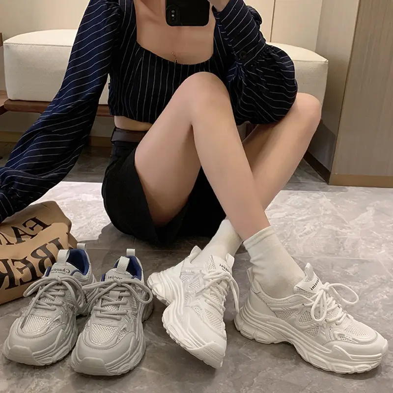 Women's 2023 Summer Mesh Sneakers White Thick Bottom - Image 5