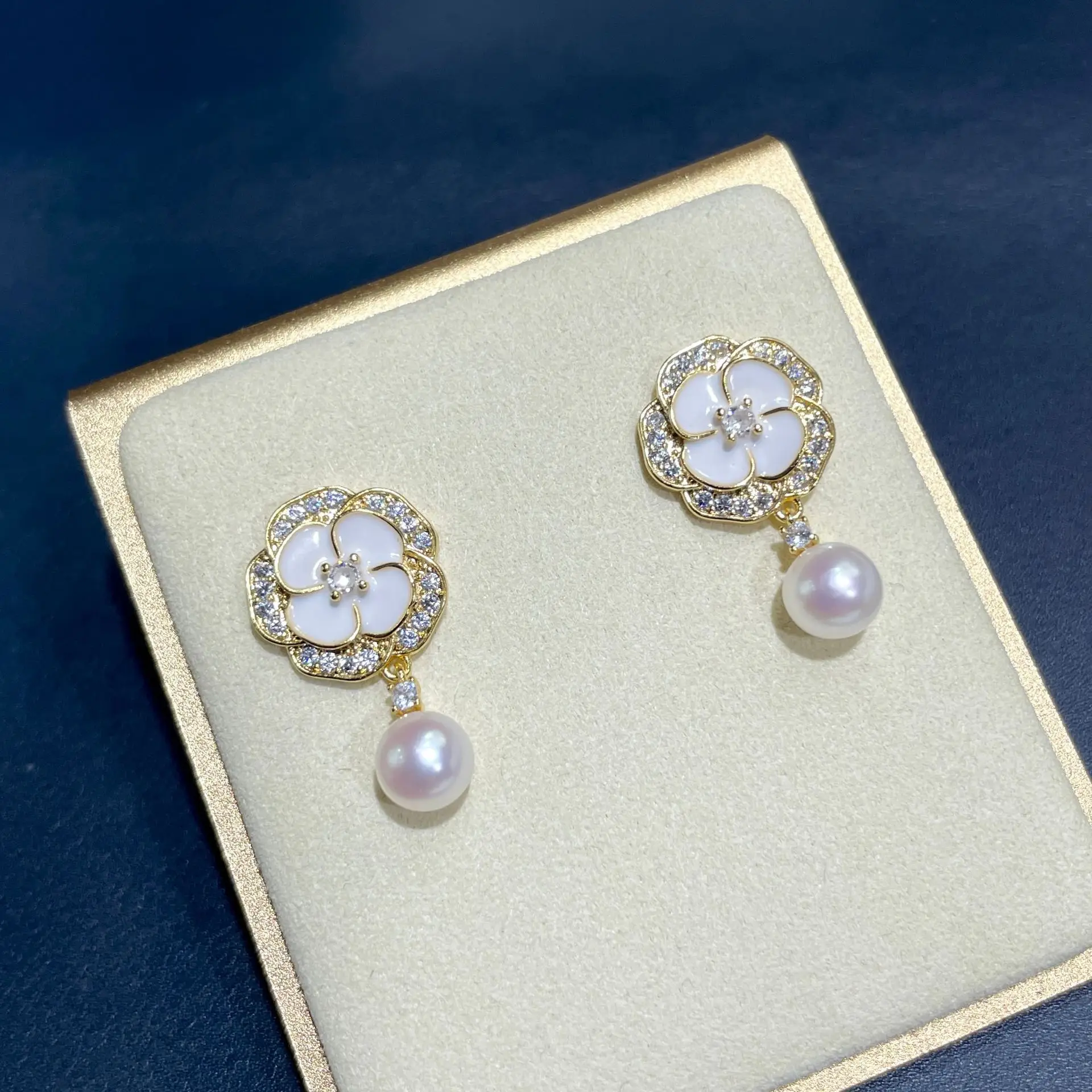 925 Gold Pearl Camellia Earrings for Women - Image 3