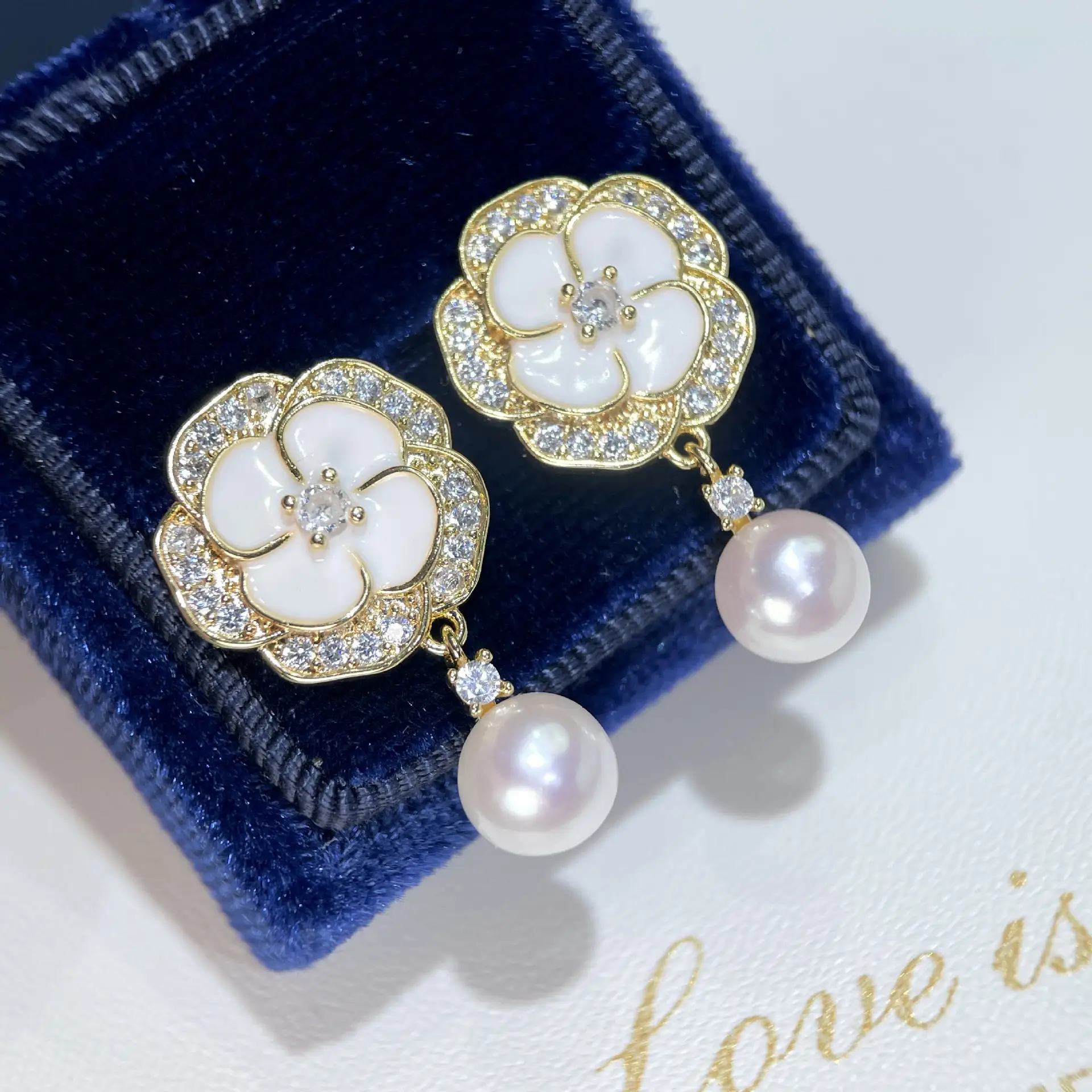 925 Gold Pearl Camellia Earrings for Women - Image 4