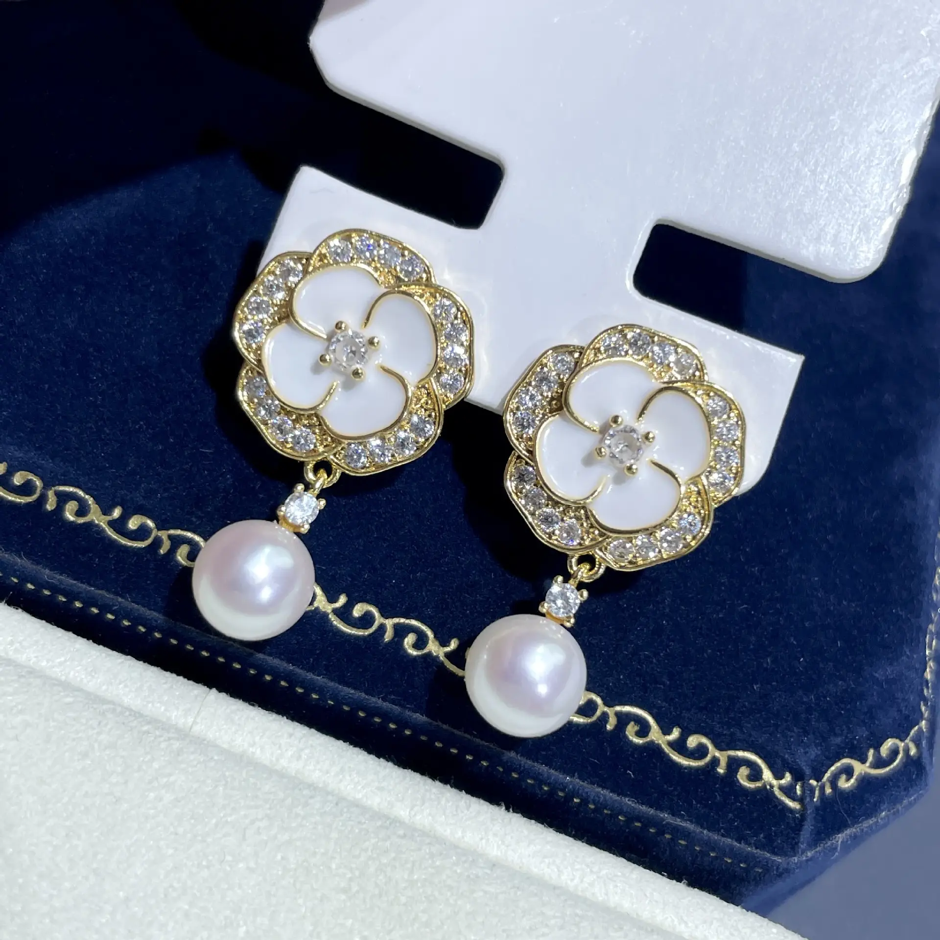 925 Gold Pearl Camellia Earrings for Women - Image 5