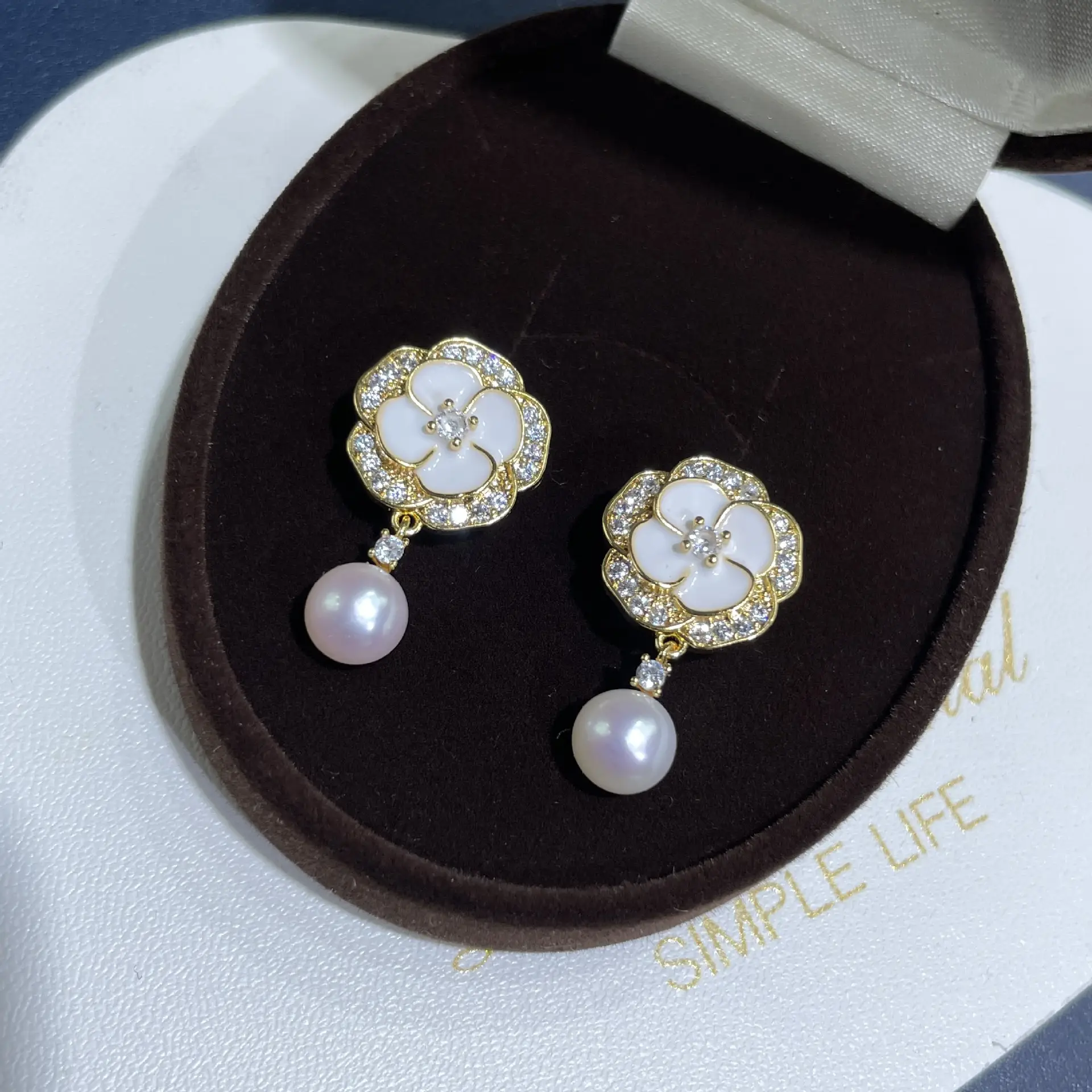 925 Gold Pearl Camellia Earrings for Women — feature 2