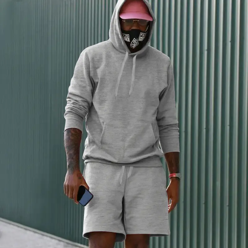 Men Velvet Hoodie Shorts White Two-Piece Set