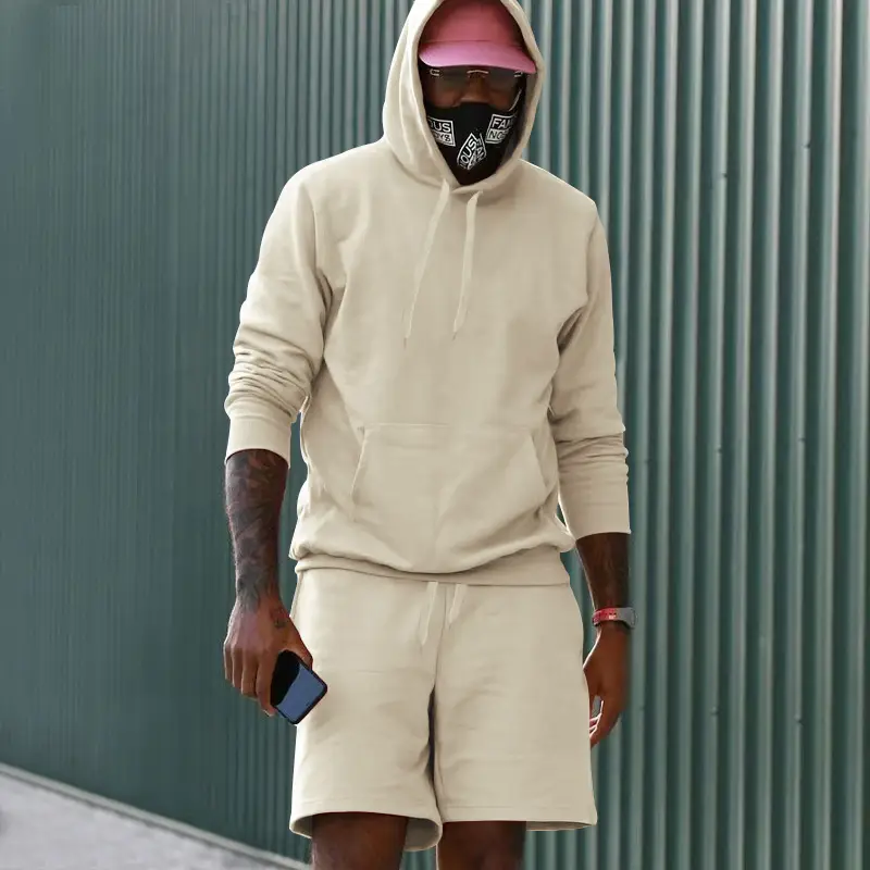 Men Velvet Hoodie Shorts White Two-Piece Set